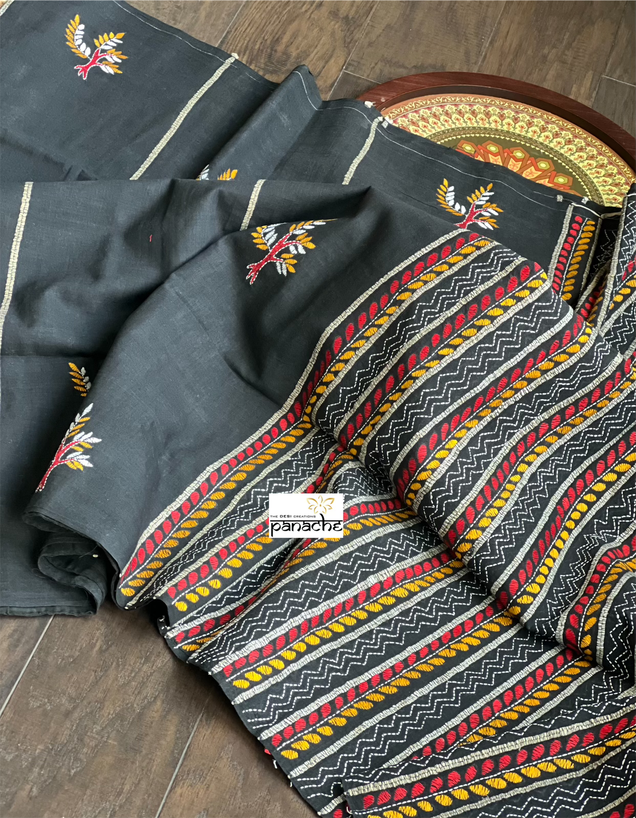 Pure Cotton Khes Kantha Stitch -  Black Multi Color