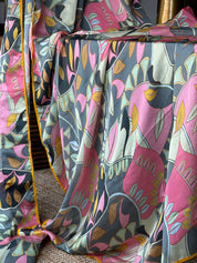 Designer Satin Silk - Grey Pink Kalamkari