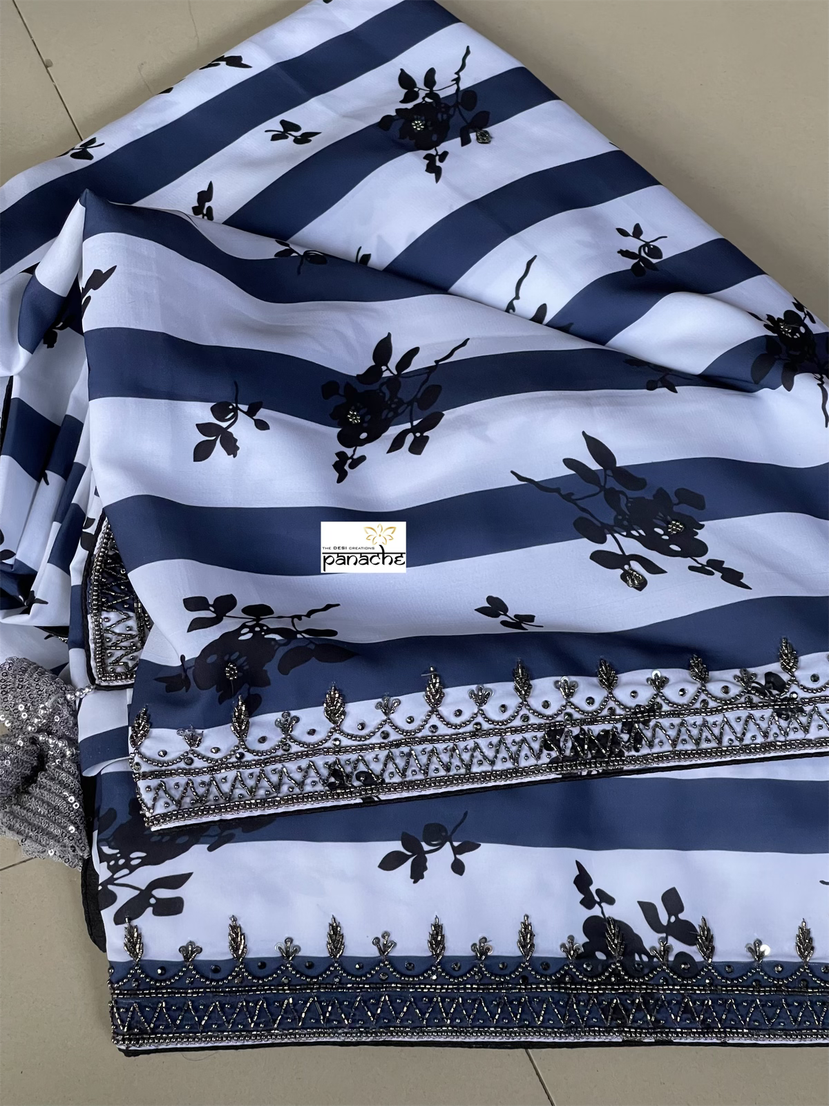 Designer Georgette- White Blue Black