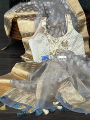 Pure Chanderi Organza Silk - Grey Eknaliya Lotus Woven