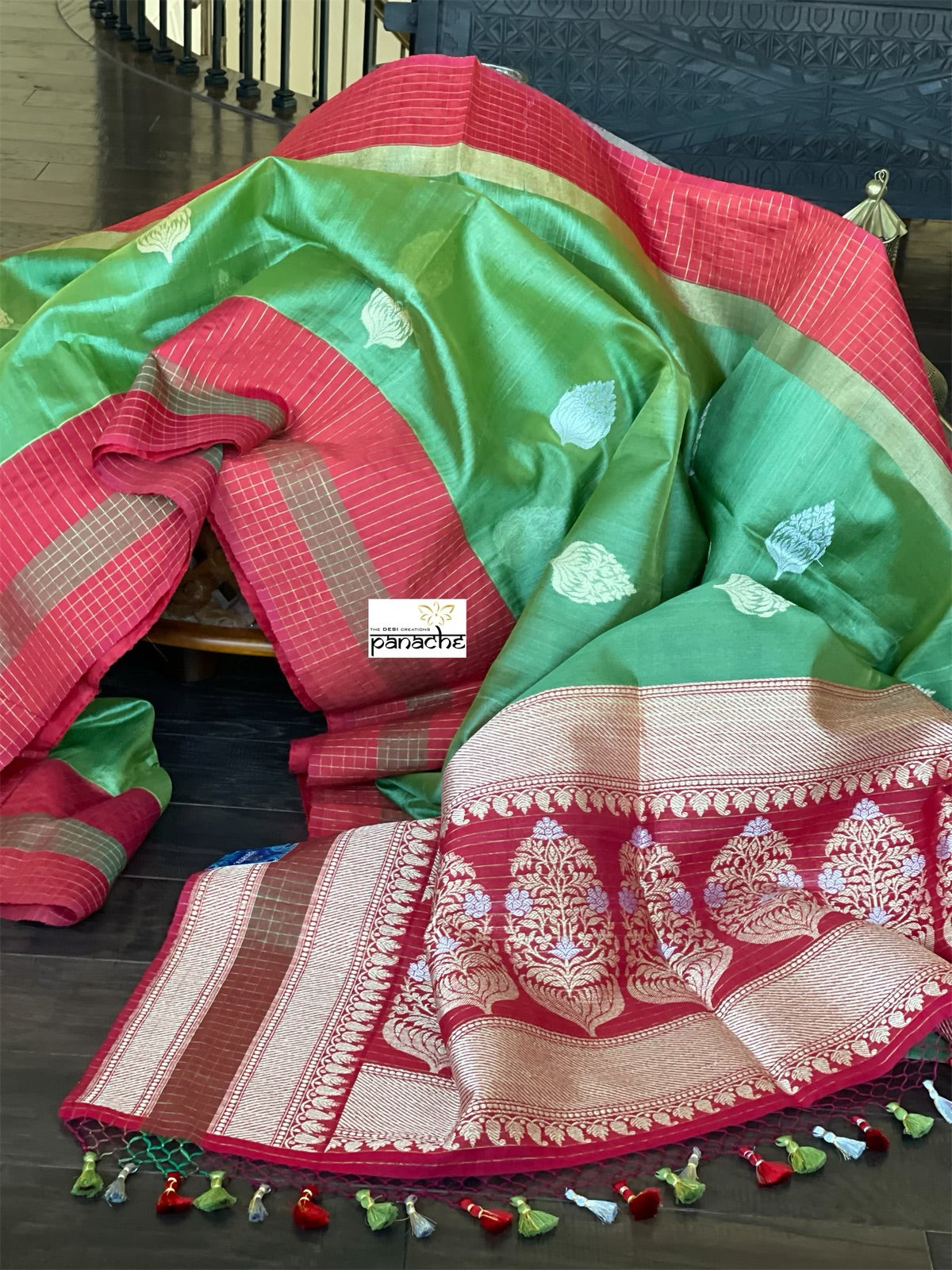 Tussar Silk Banarasi - Green Red Zari checkered