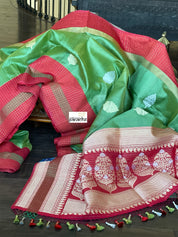 Tussar Silk Banarasi - Green Red Zari checkered