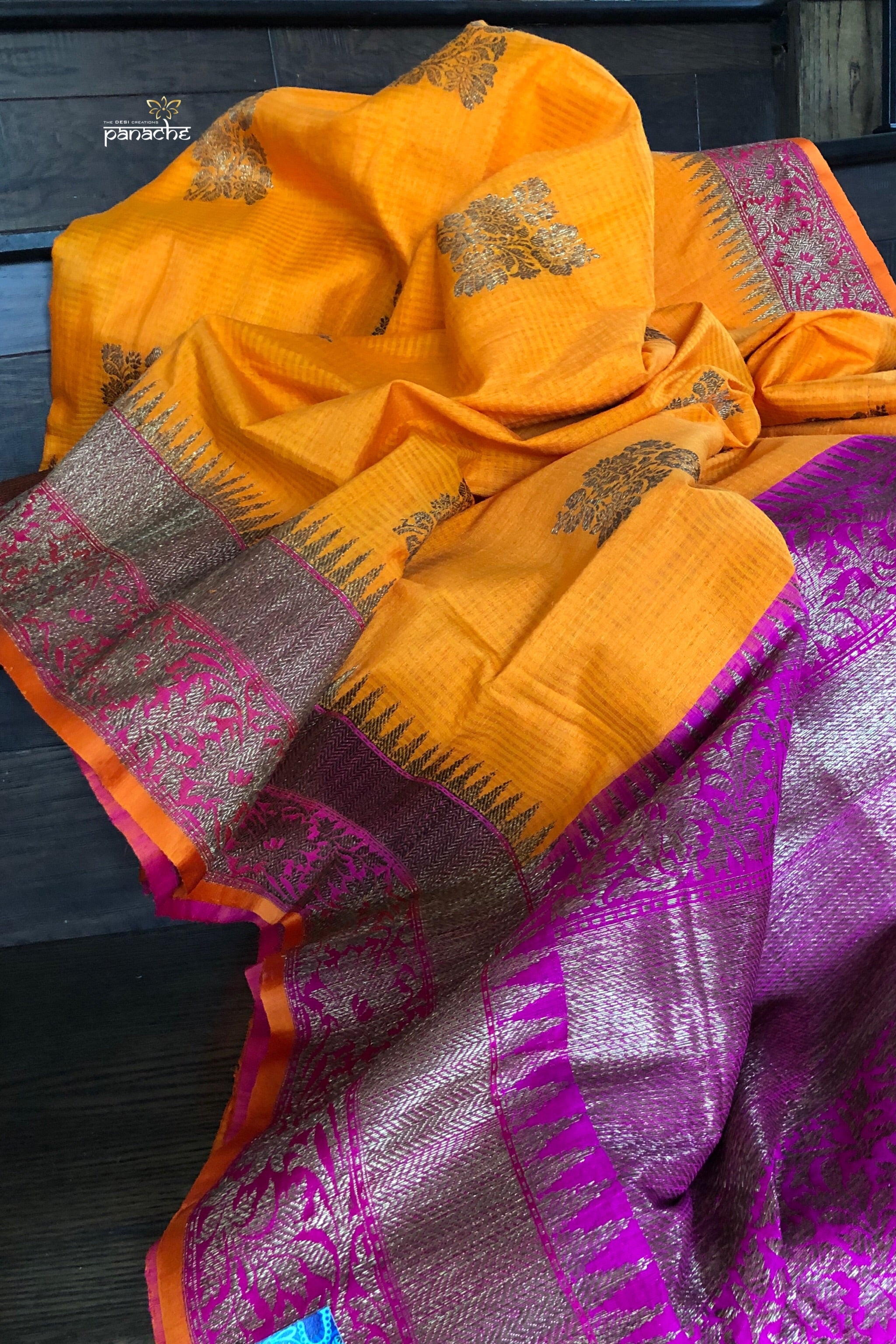 Tussar Silk Dupion Banarsi - Golden Yellow