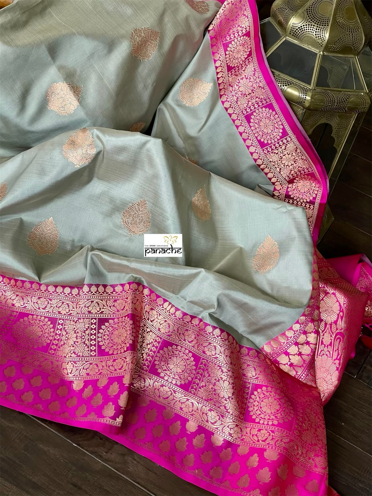 Katan Silk Banarasi - Silver Grey Magenta