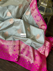 Katan Silk Banarasi - Silver Grey Magenta