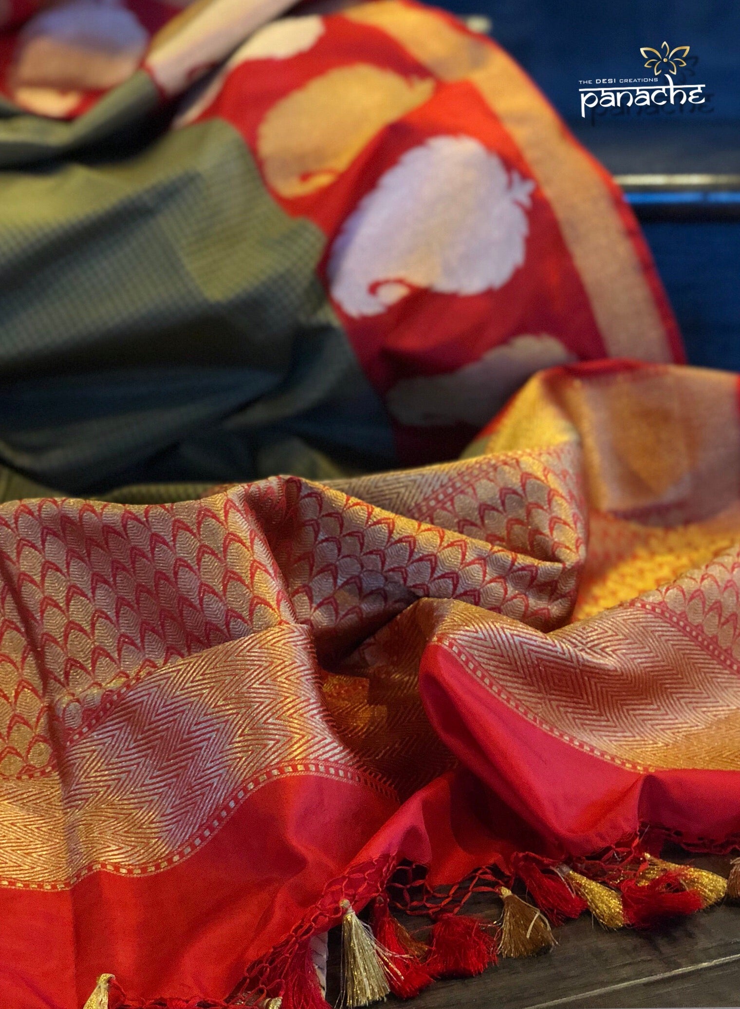 Pure Silk Katan Banarasi - Sage Green Grey Checks Kadwa Paisley