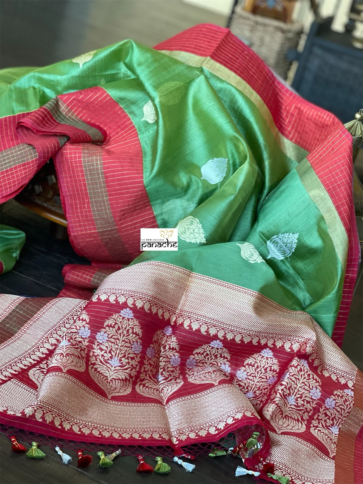 Tussar Silk Banarasi - Green Red Zari checkered
