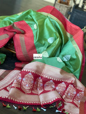 Tussar Silk Banarasi - Green Red Zari checkered