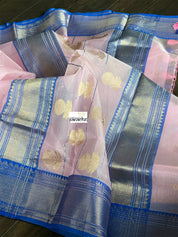Pure Chanderi Organza Silk - Baby Pink Blue Eknaliya