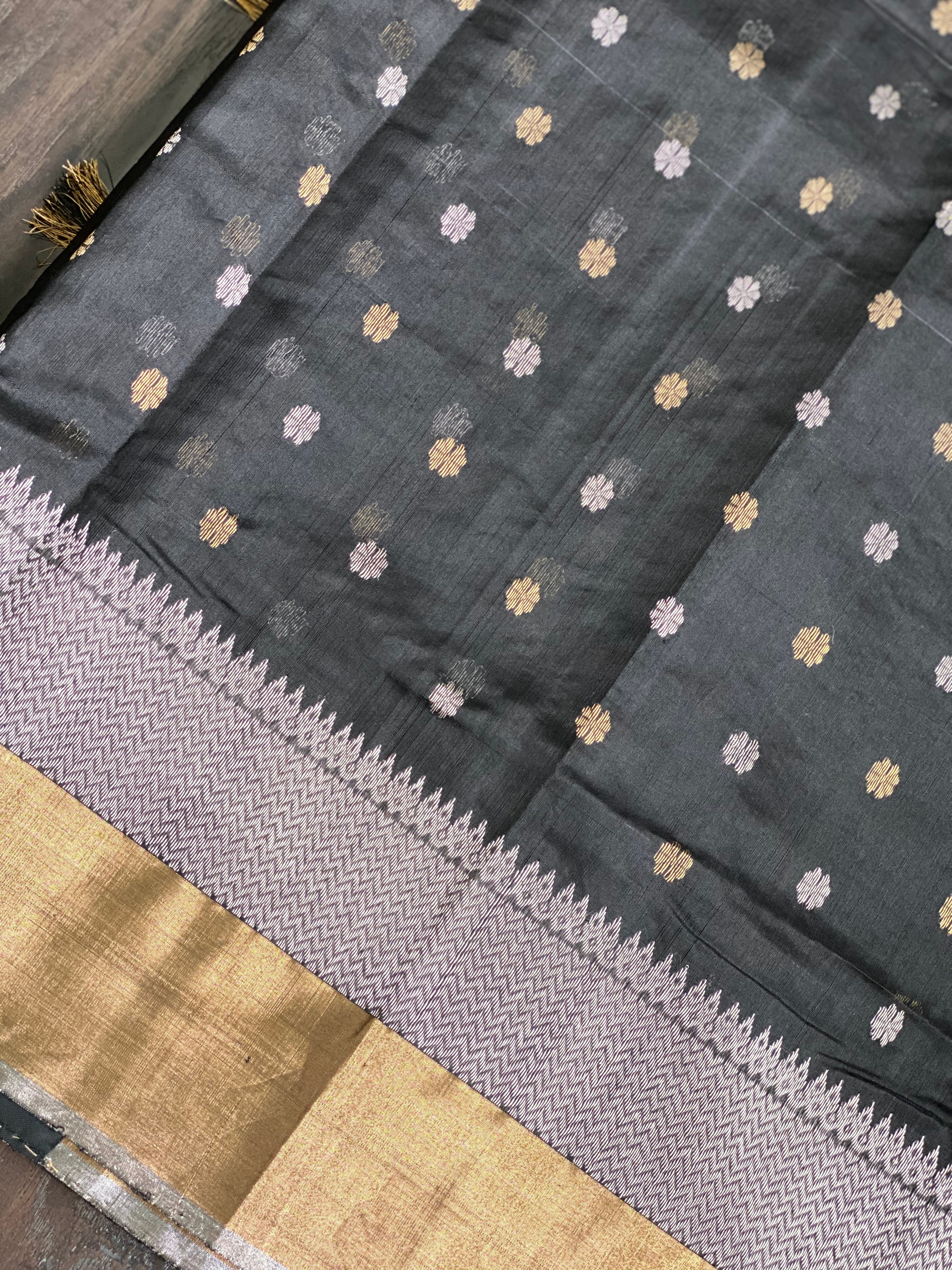 Pure Chanderi Silk -  Black Golden Silver Zari Woven