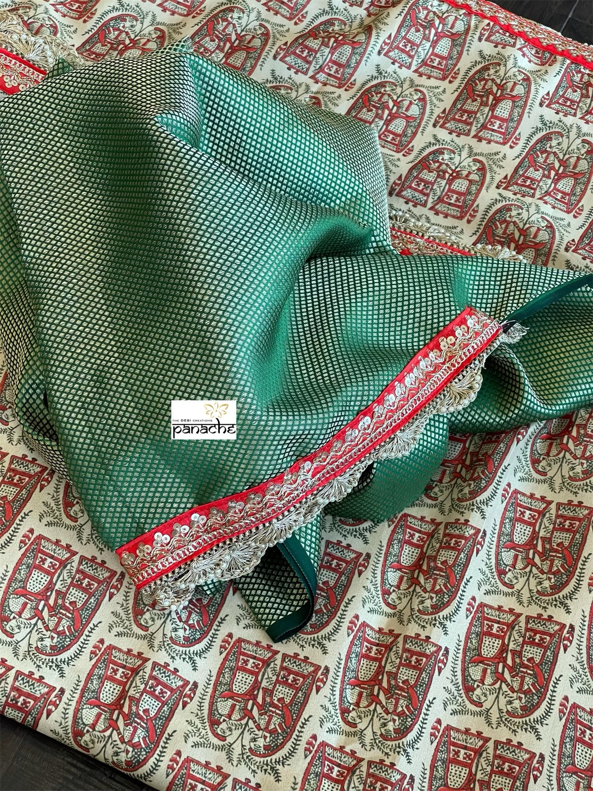 Designer Soft Silk - Beige Red Figurines Printed