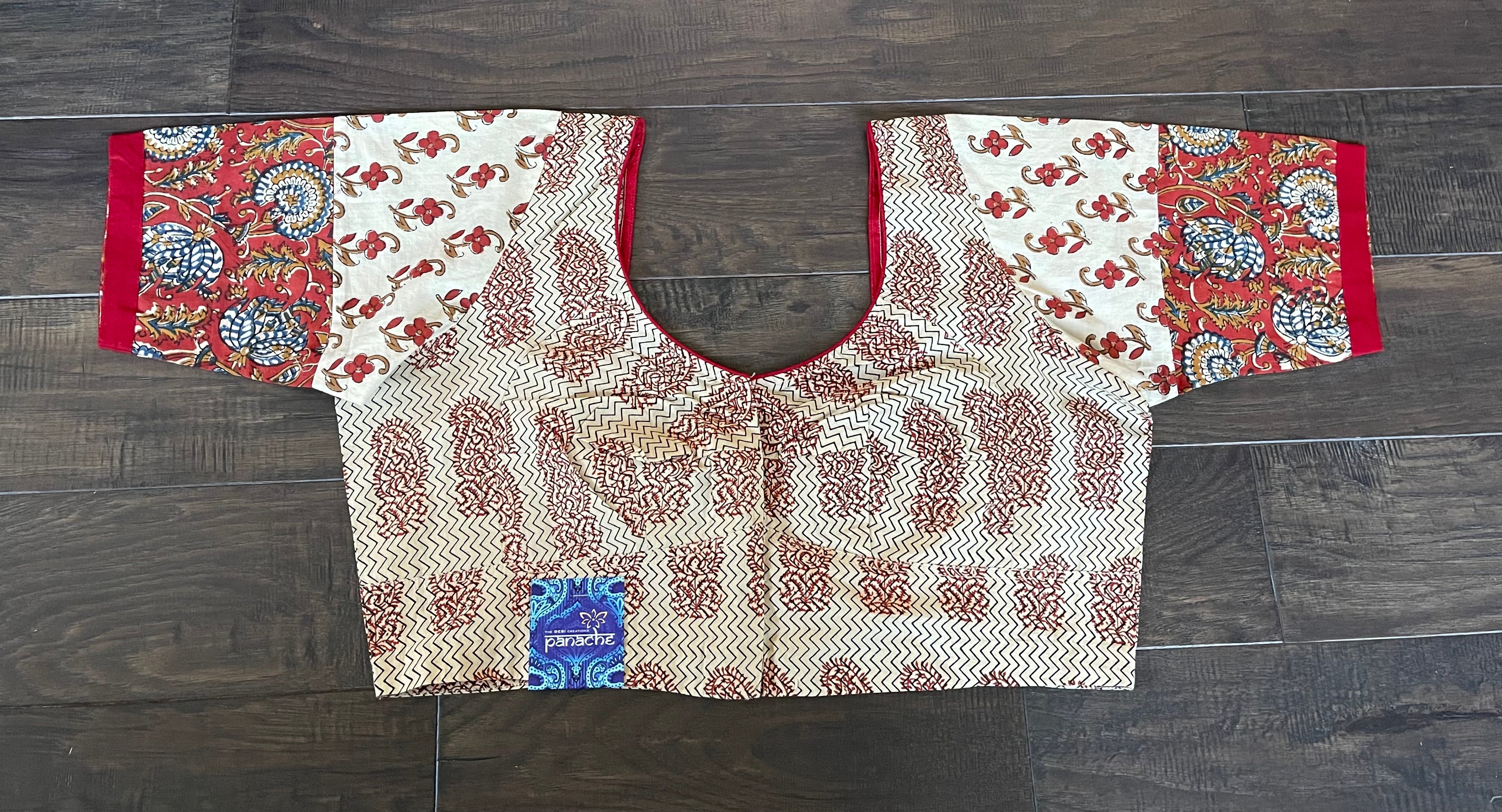 Designer Blouse - Beige Red Blue