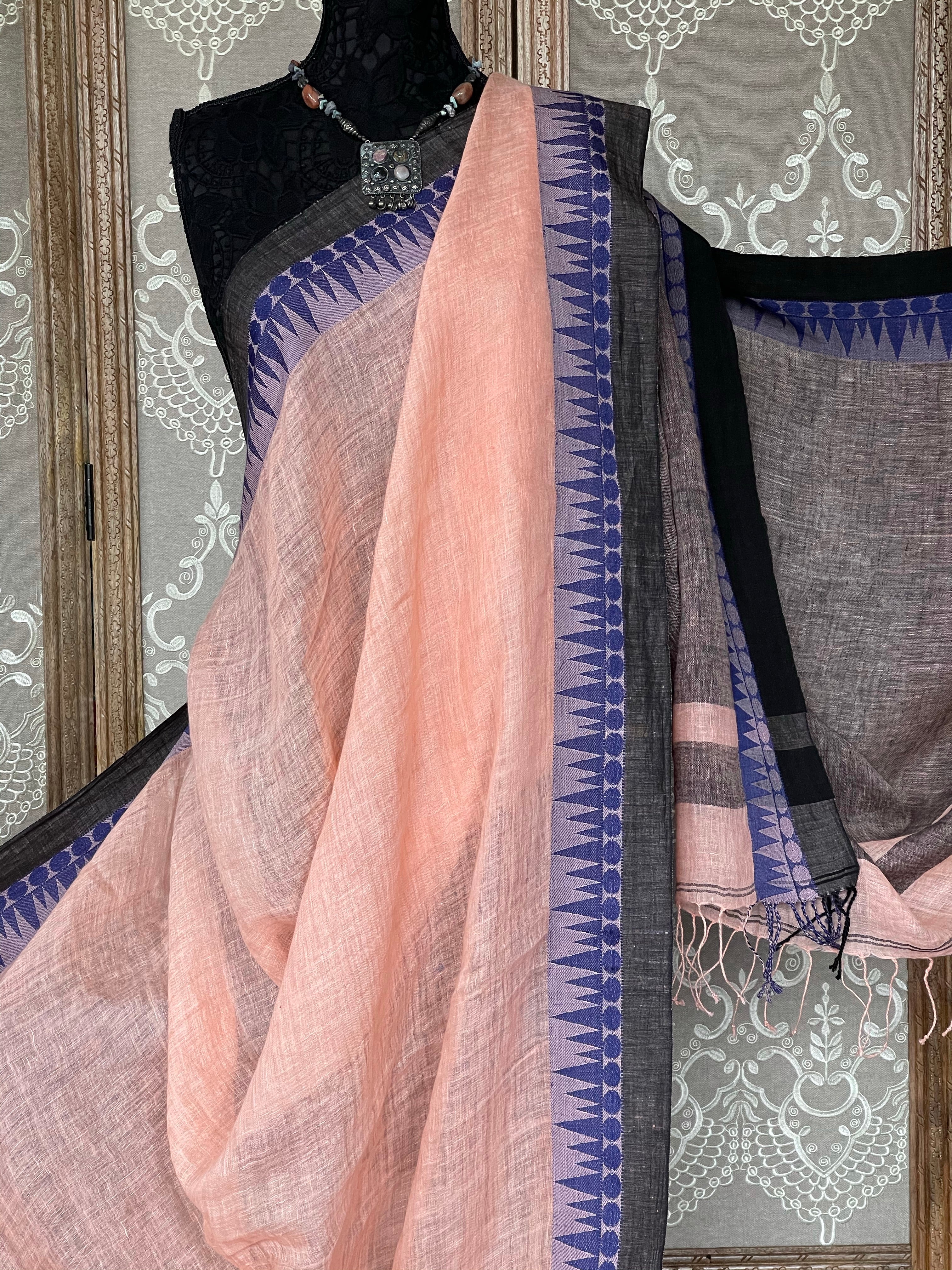 Pure Handloom Linen - Peach Blue Jamdaani Weave