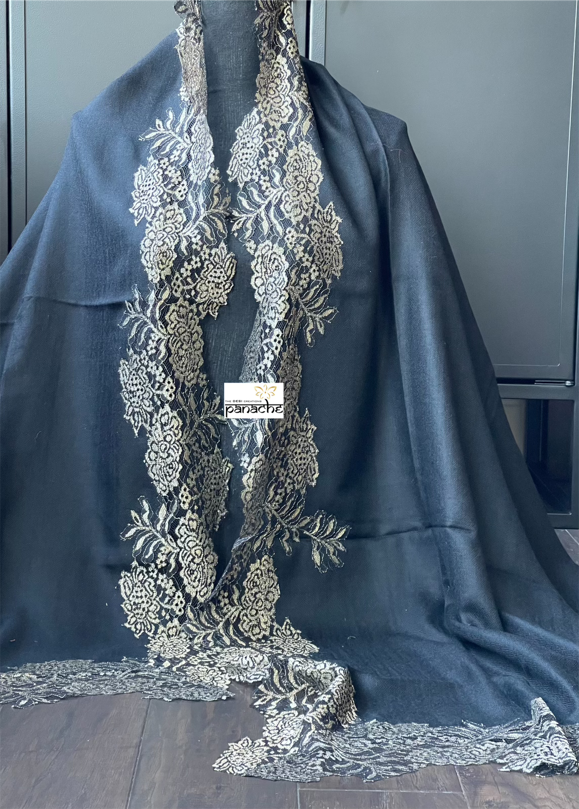 Kashmiri Pashmina Lace Stole - Black