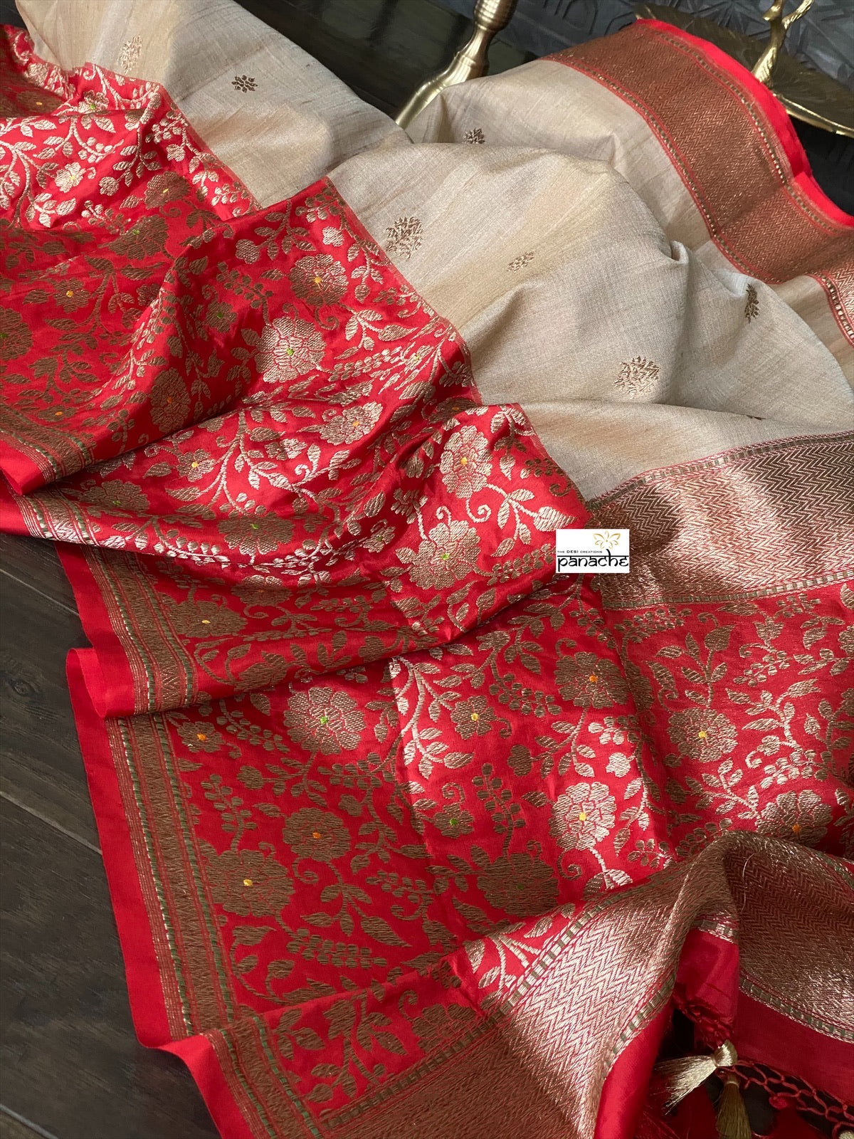 Pure Tassur Silk Banarasi - Beige Tan Red Meenakari