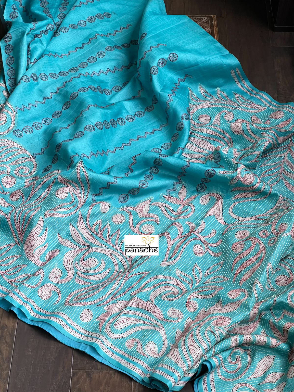 Tussar Silk Kantha Stitch -  Firozi