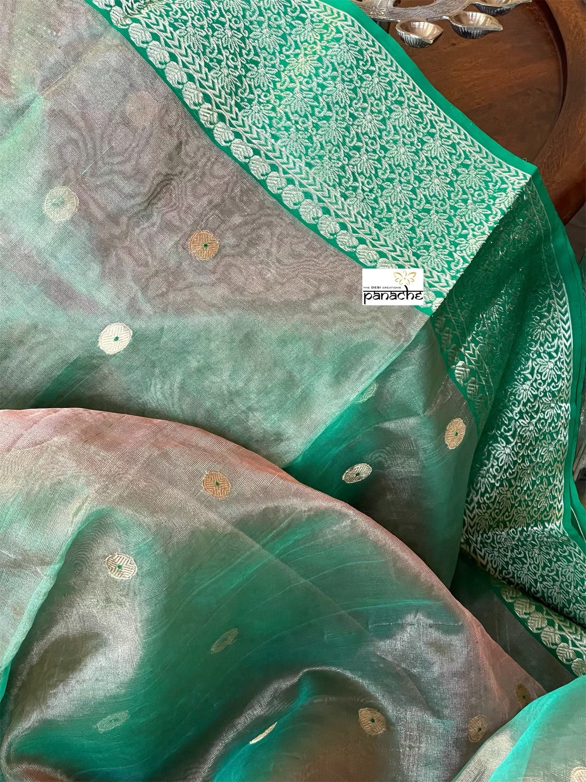 Tissue Chanderi Silk - Green Golden Zari