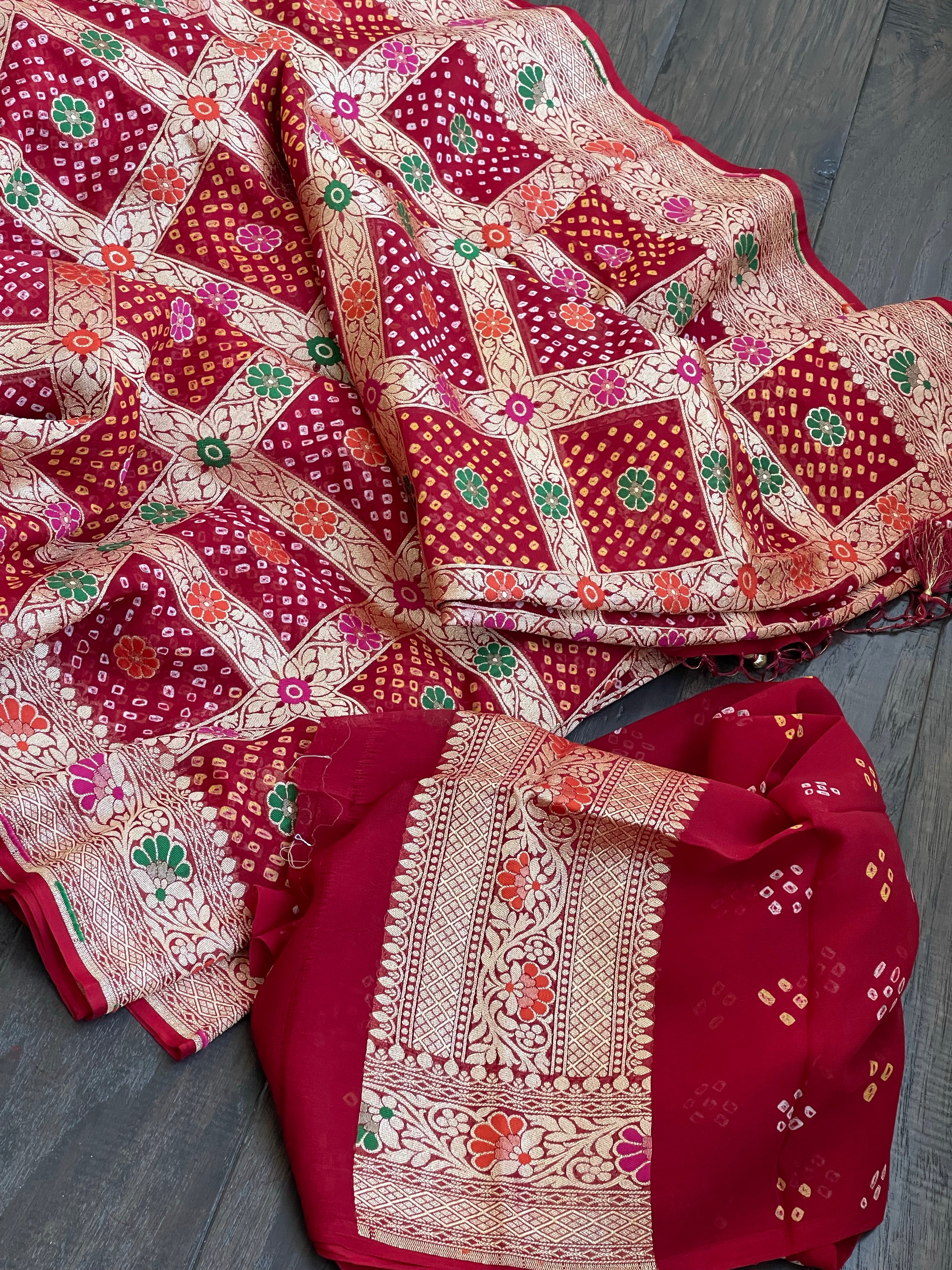 Bandhej Khaddi Georgette Banarasi - Red Gharchola
