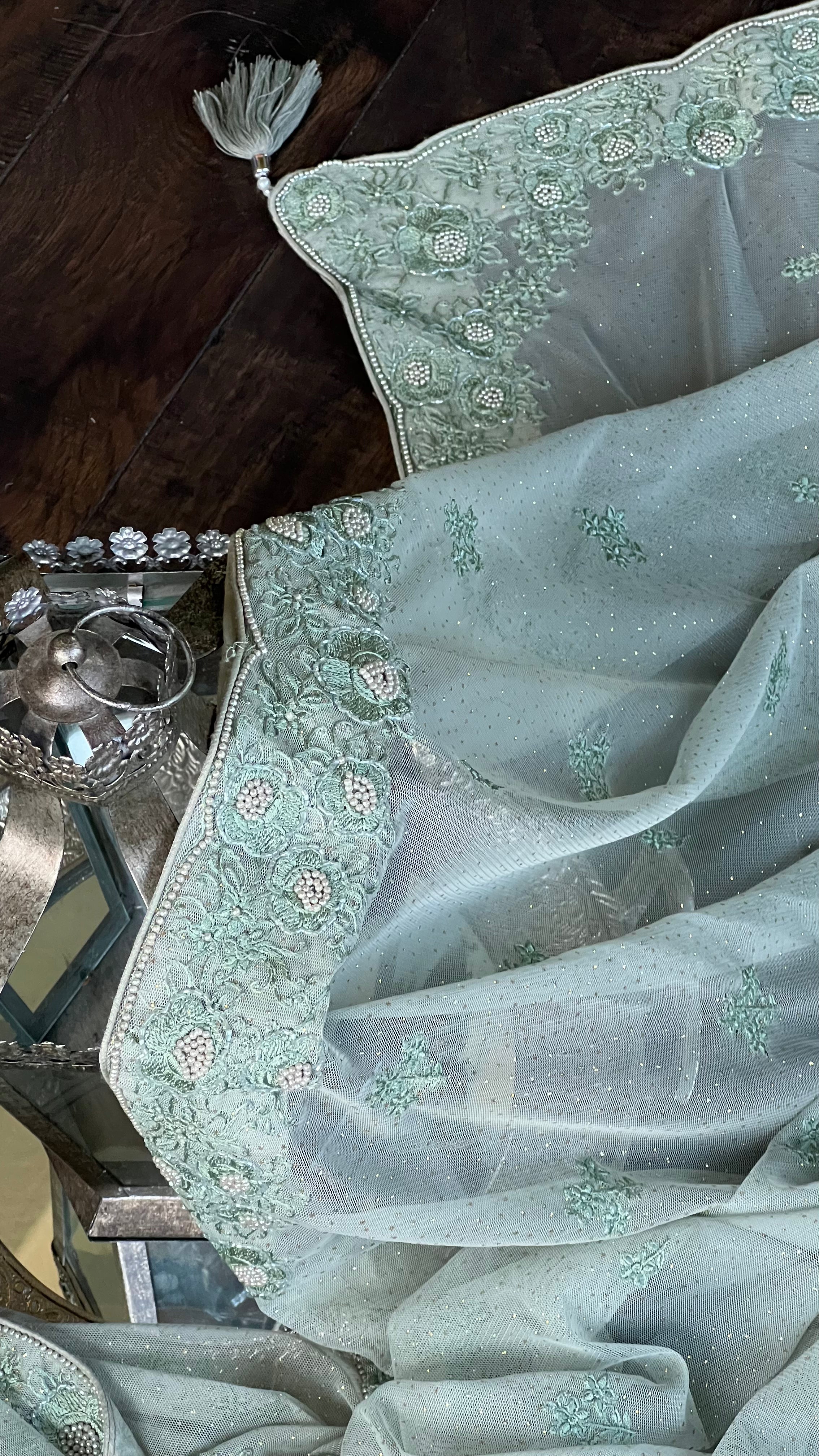 Designer Pure Net Embroidered - Sage Golden