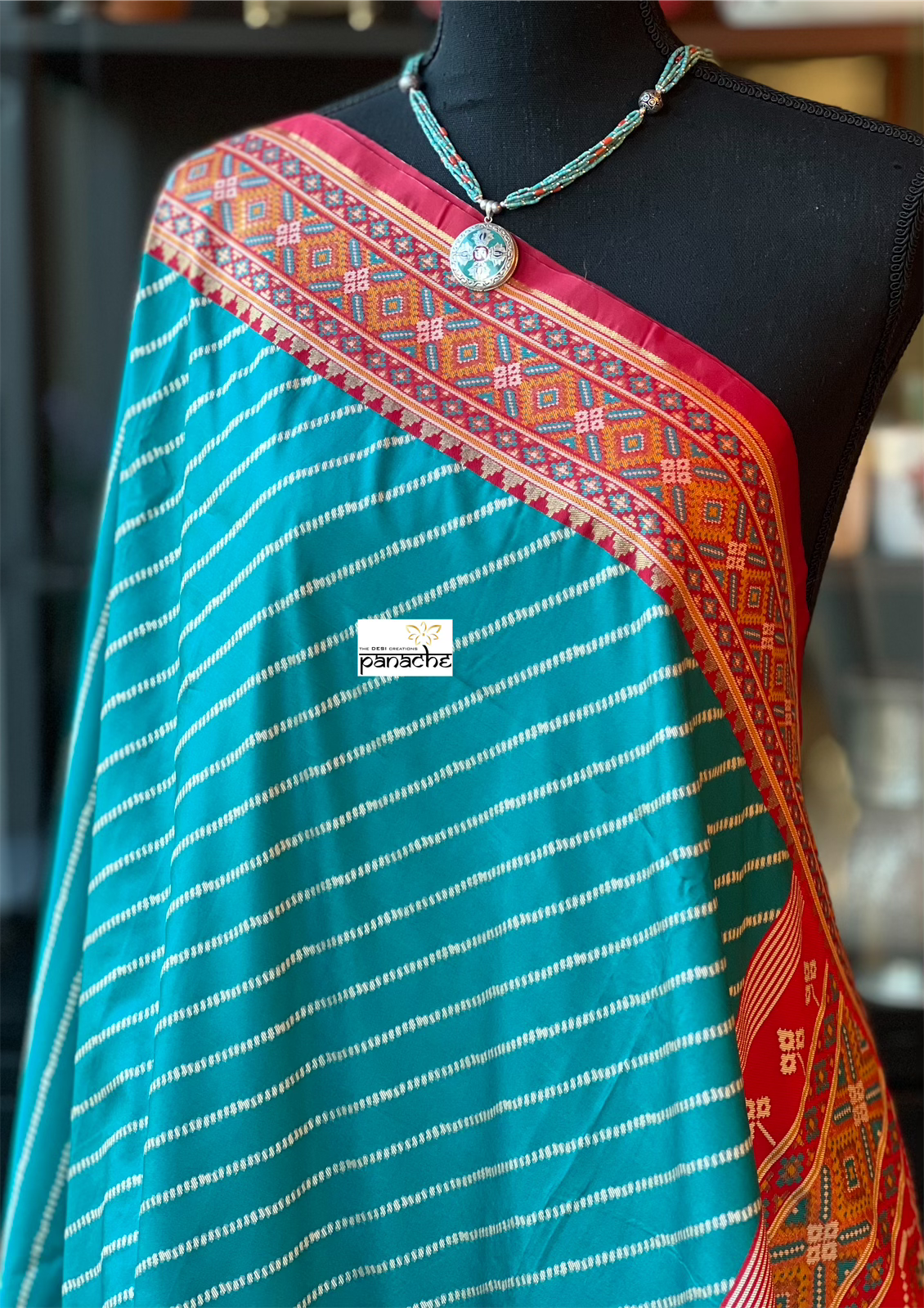 Soft Silk Patola Banarasi - Firozi Blue Red Antique Golden Zari