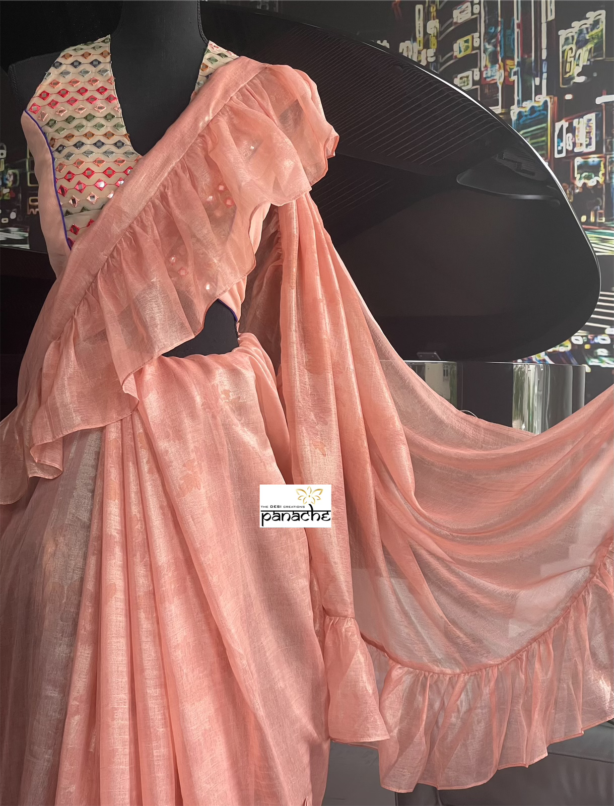 Designer Chiffon Silk - Peach Frill Saree