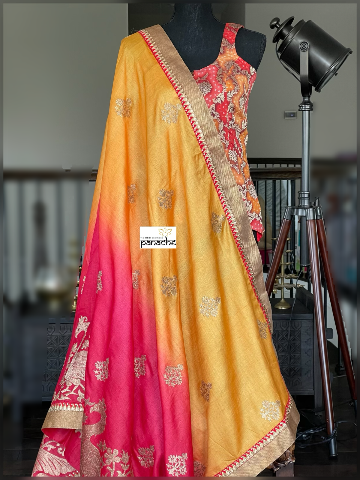 Designer Tussar Silk - Golden Yellow Raspberry Red