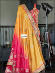 Designer Tussar Silk - Golden Yellow Raspberry Red