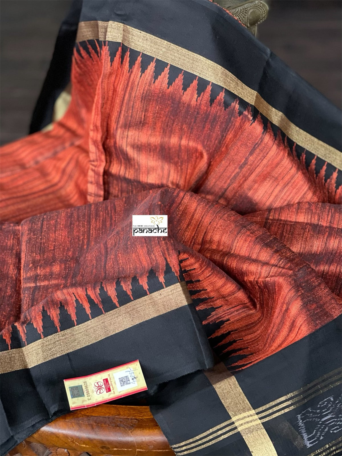 Pure Raw Silk - Rust Brown Black Temple