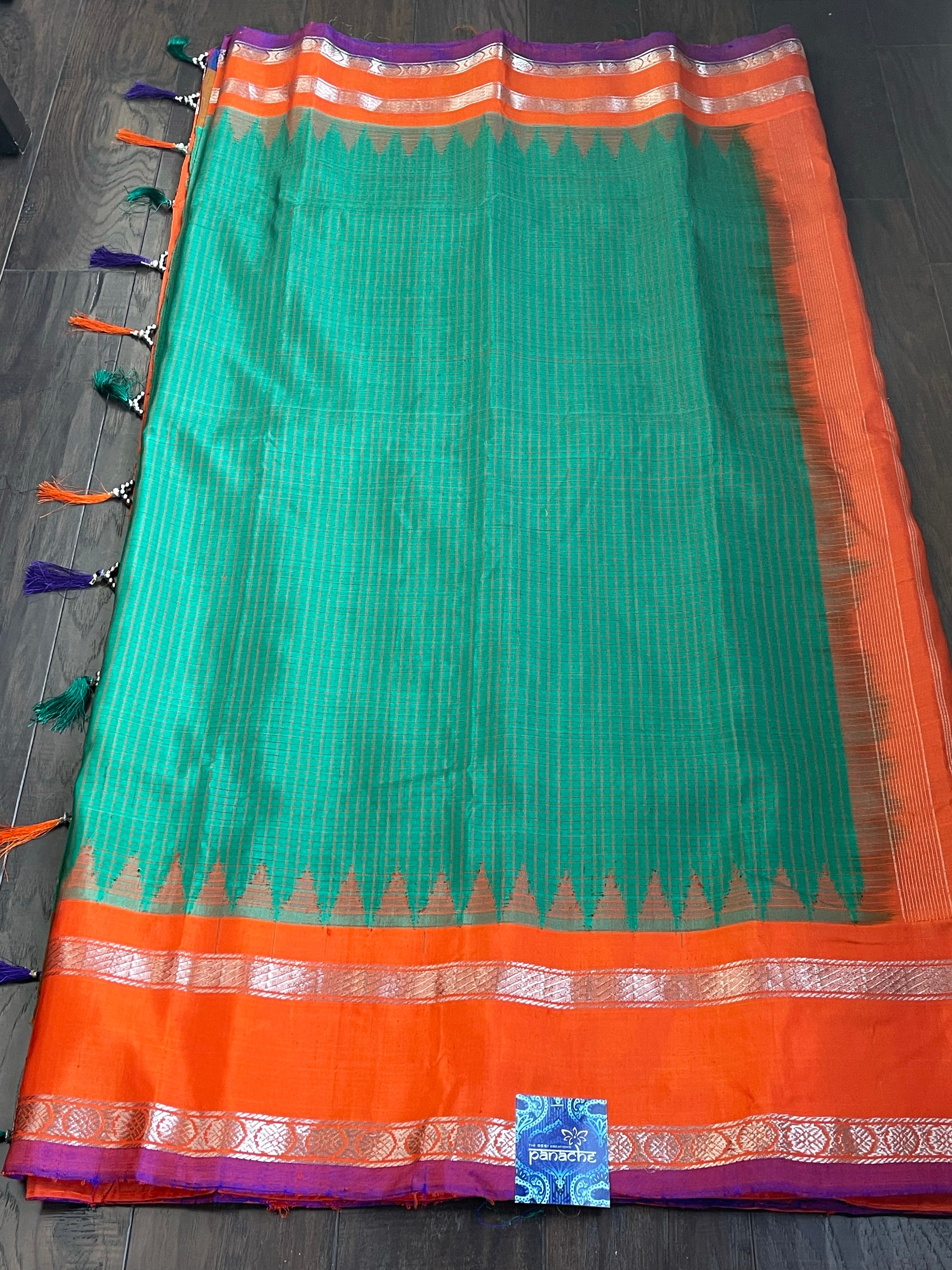 Silk Gadwal - Green Orange Checkered Golden Zari
