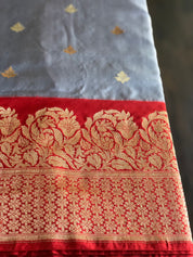 Katan Silk Banarasi - Bluish Grey Red
