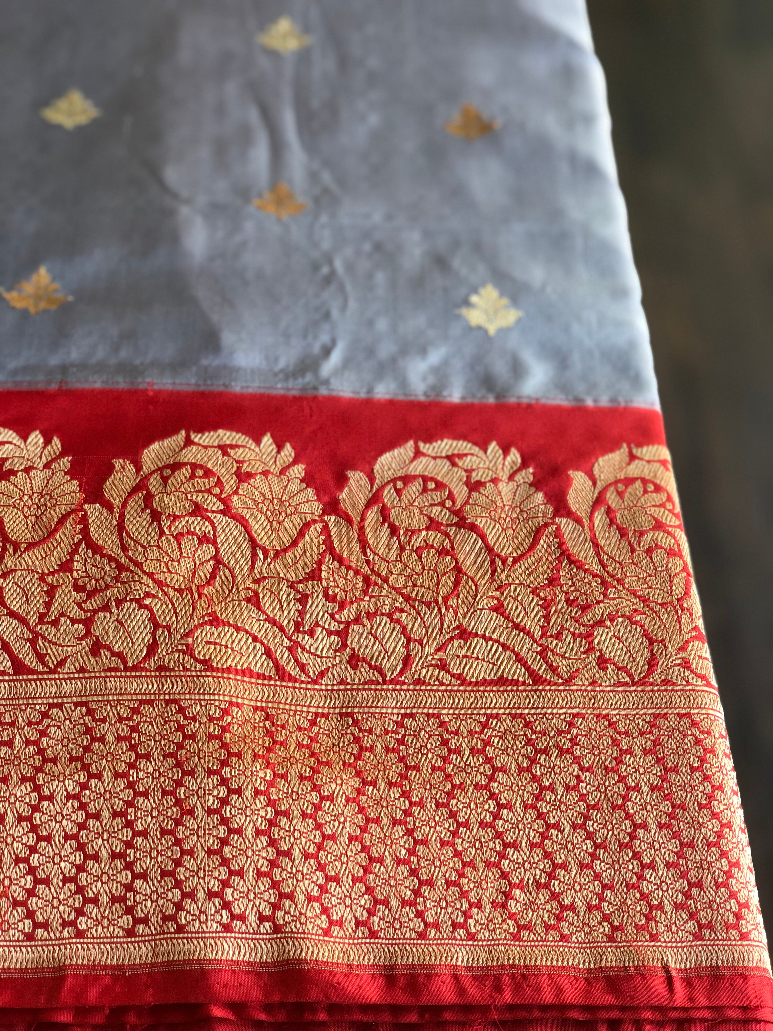 Katan Silk Banarasi - Bluish Grey Red