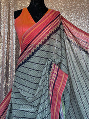 Designer Inspired Georgette Saree - Moss Grey Black Sequin