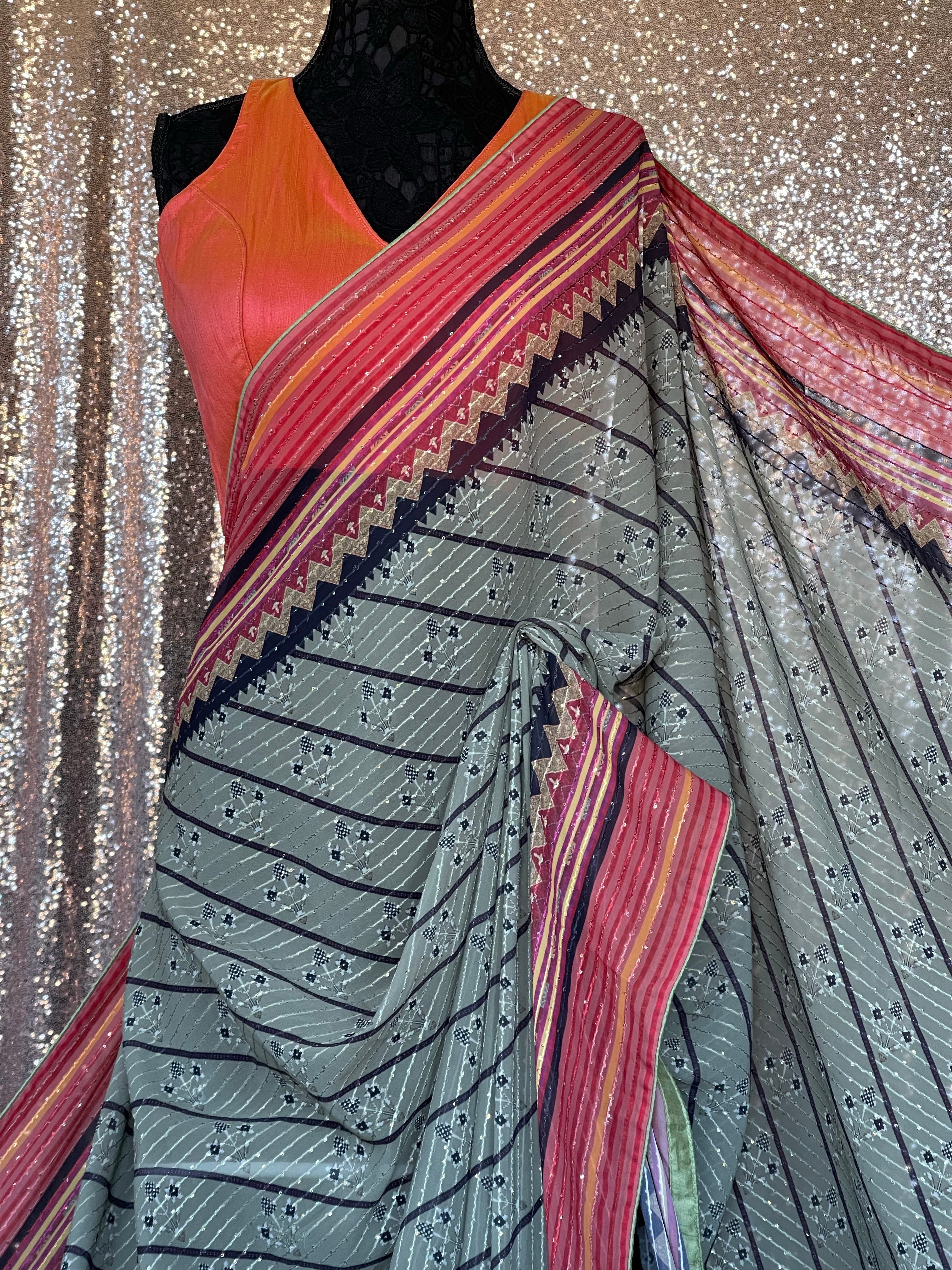 Designer Inspired Georgette Saree - Moss Grey Black Sequin