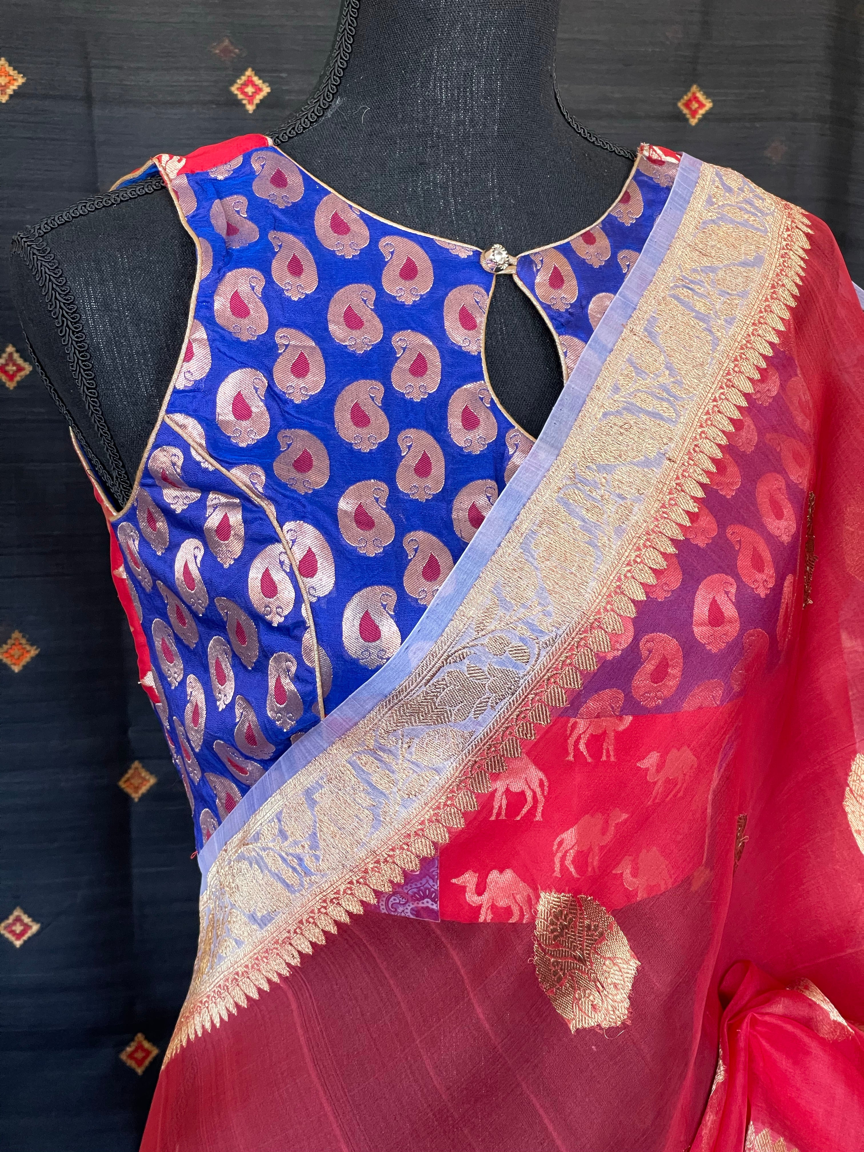 Designer Blouse - Red Blue Paisley Woven