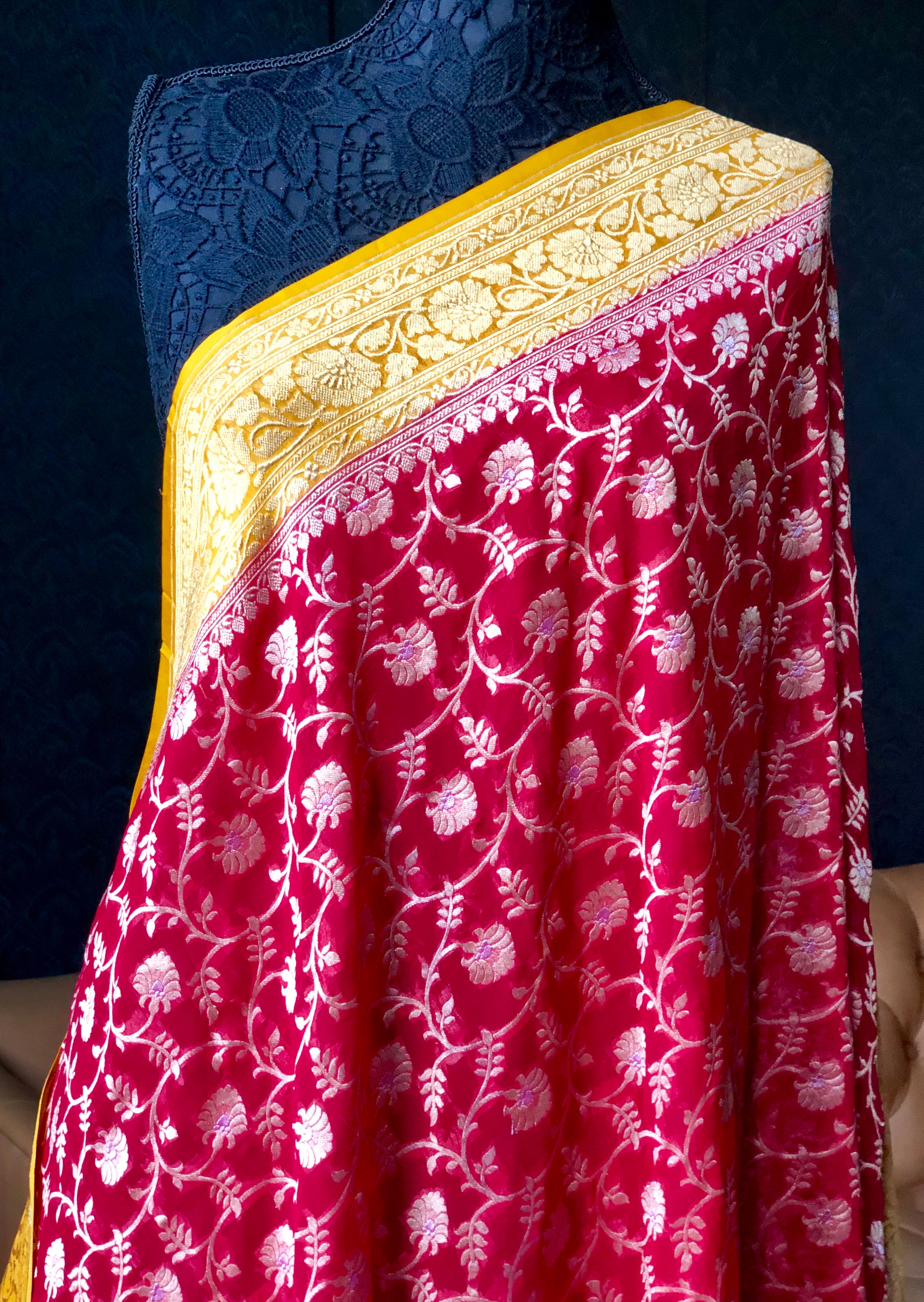 Khaddi Georgette Banarasi - Red Yellow Silver Zari meena