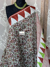 Pure Murshidabad Silk - Green Brown Off White Temple Border Printed