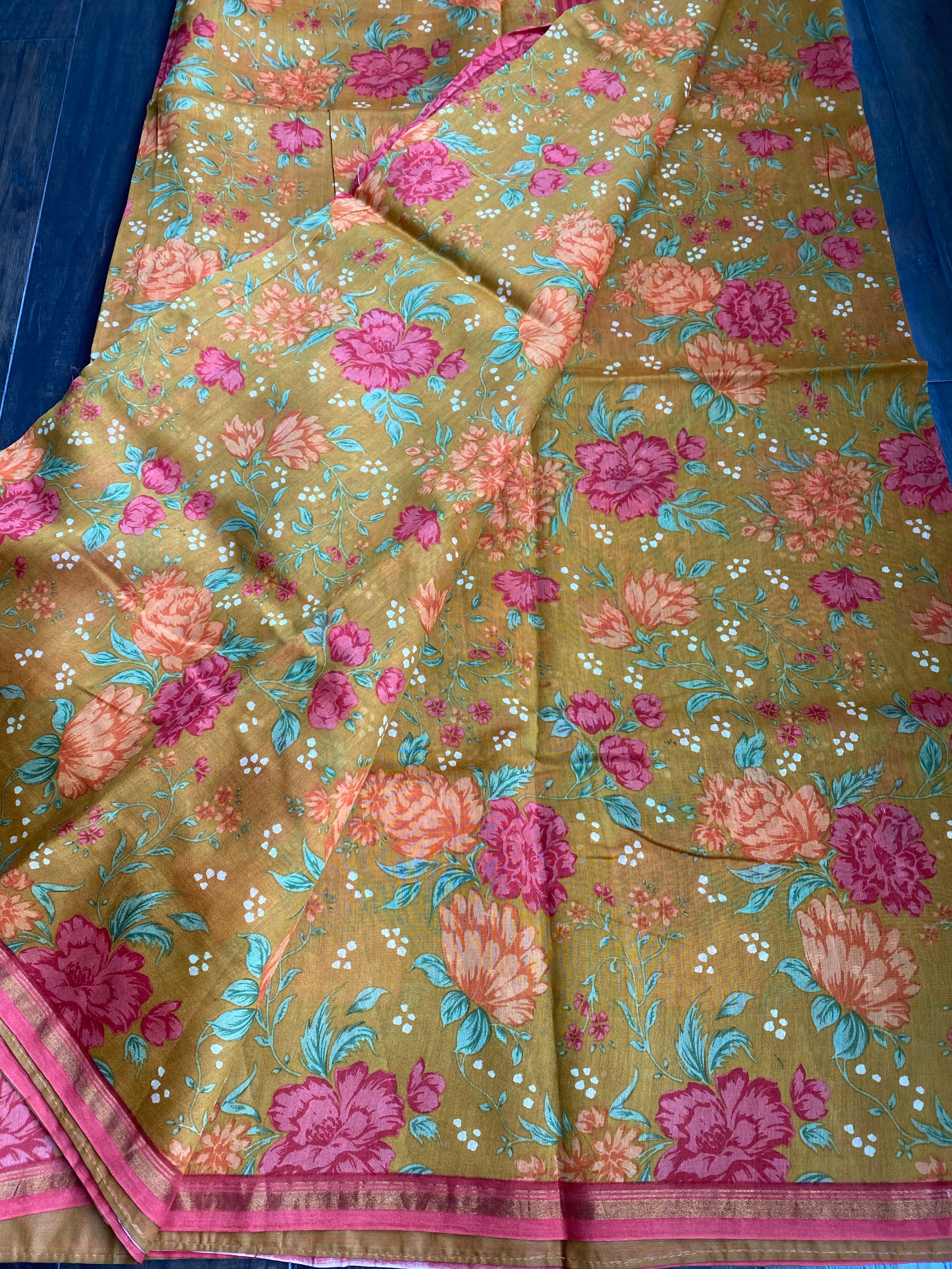 Cotton Mulmul Floral - Golden Ochre Yellow
