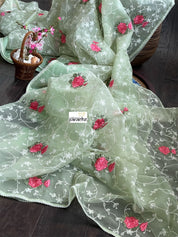 Designer Organza Floral - Pista Green Embroidered