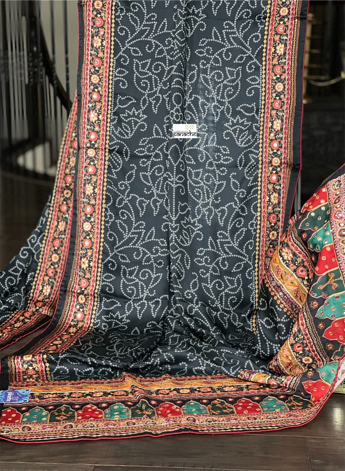 Satin Maslin Designer Inspired Drape - Black Bandhej Printed