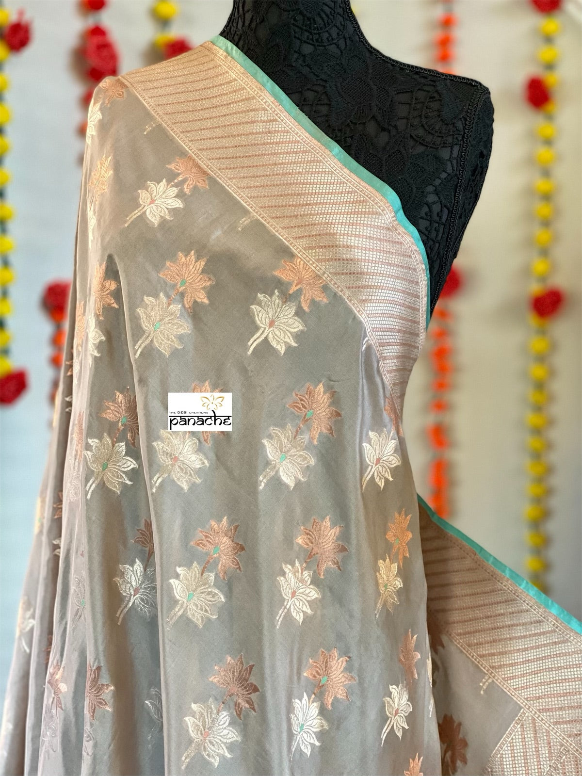Pure Katan Silk Banarasi - Grey Kadhwa woven