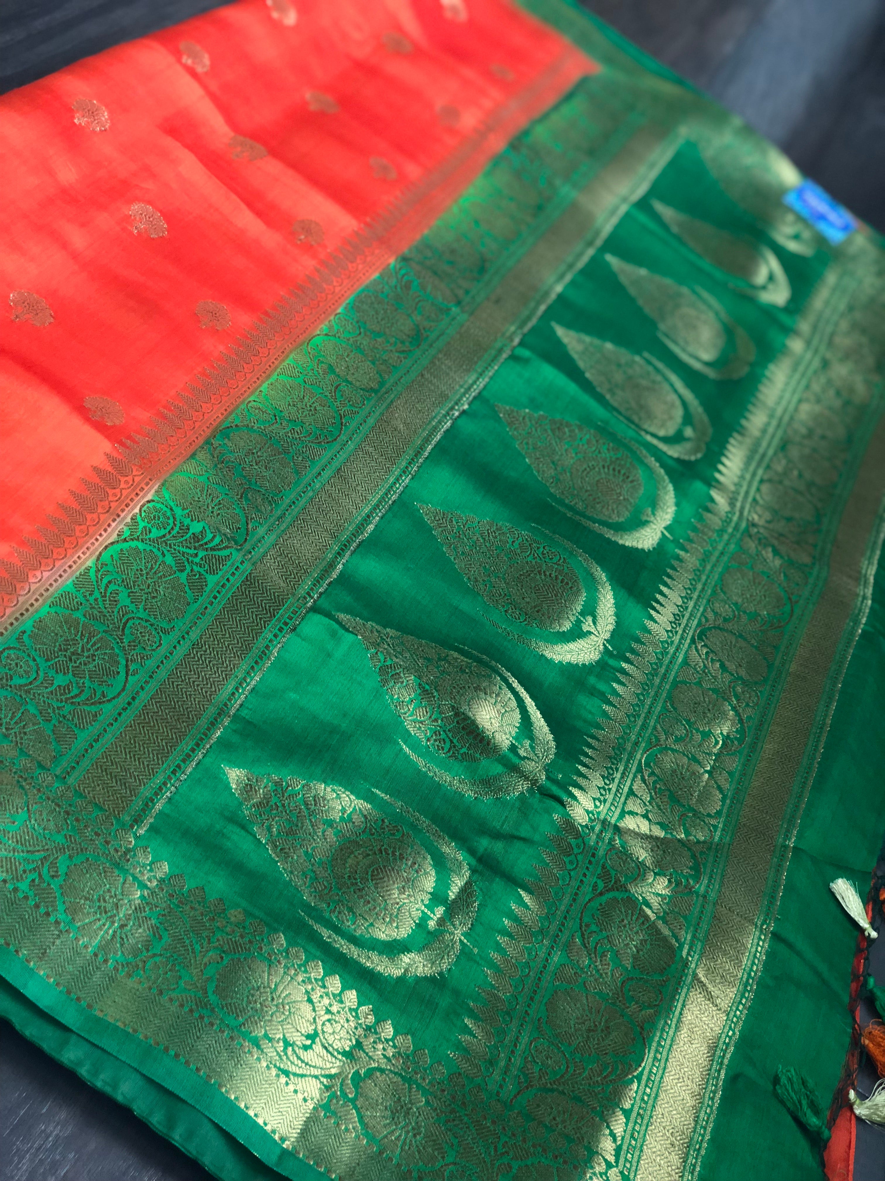 Chiniya Silk Banarasi - Reddish Orange Green