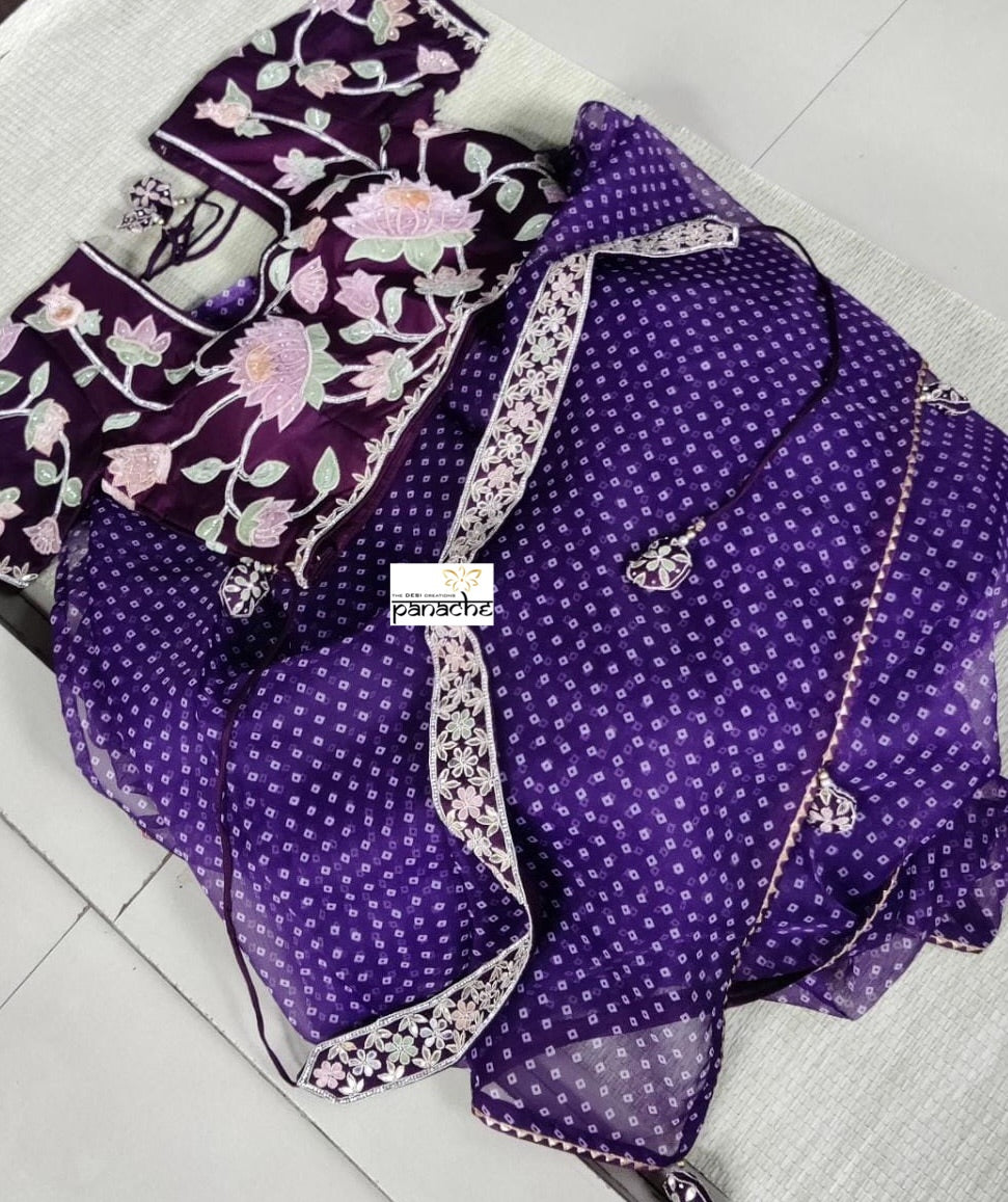 Designer Organza Bandhej - Purple Saree-Blouse Set
