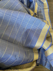 Pure Tussar Dupion Silk -  Metallic Blue Grey Zari Woven