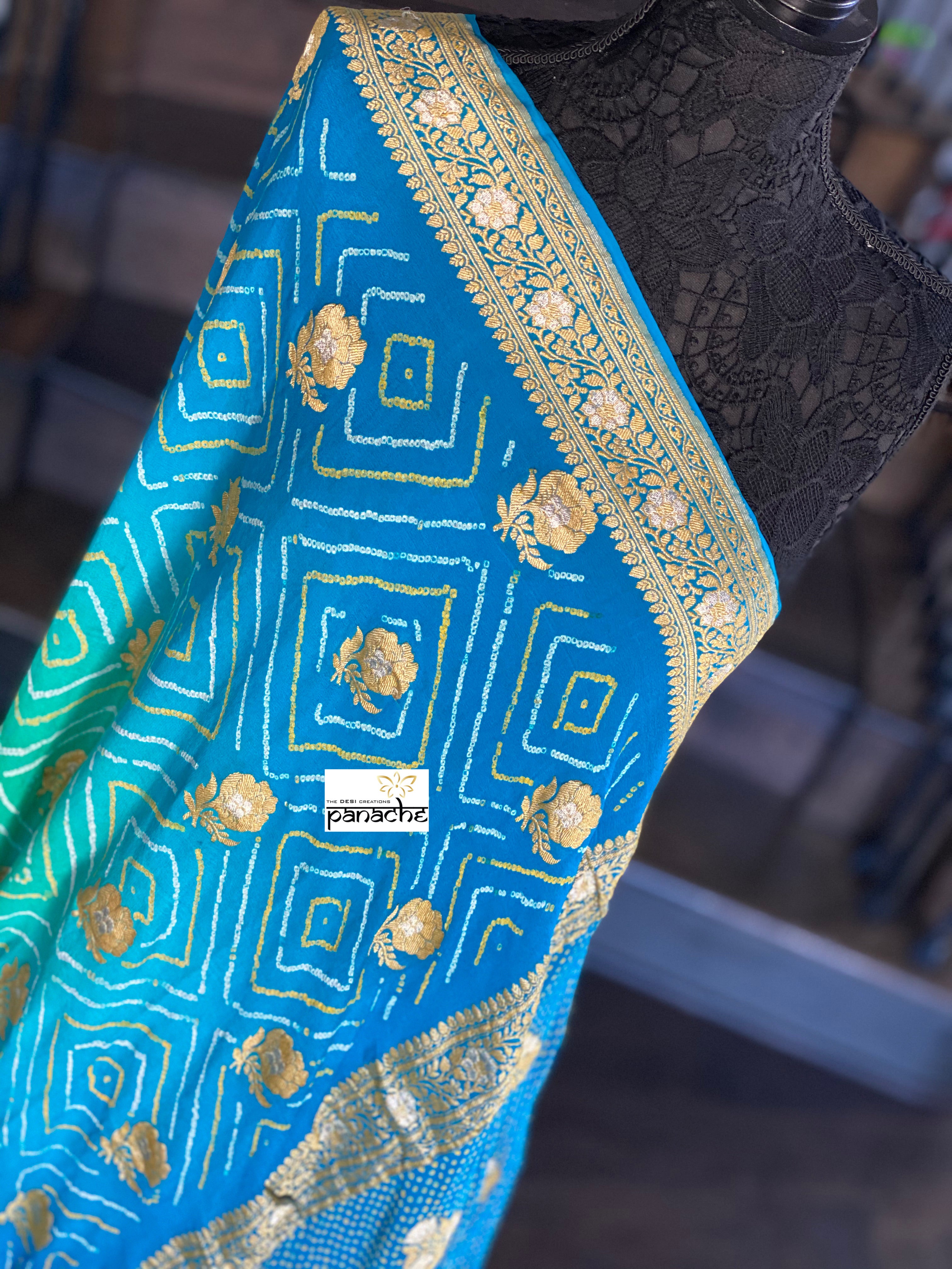 Bandhej Khaddi Georgette Banarasi - Firozi Sea Green Kadwa