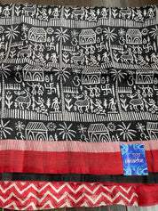 Pure Murshidabad Silk - Black White Red Printed