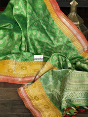 Tussar Silk Banarasi - Green Yellow Red