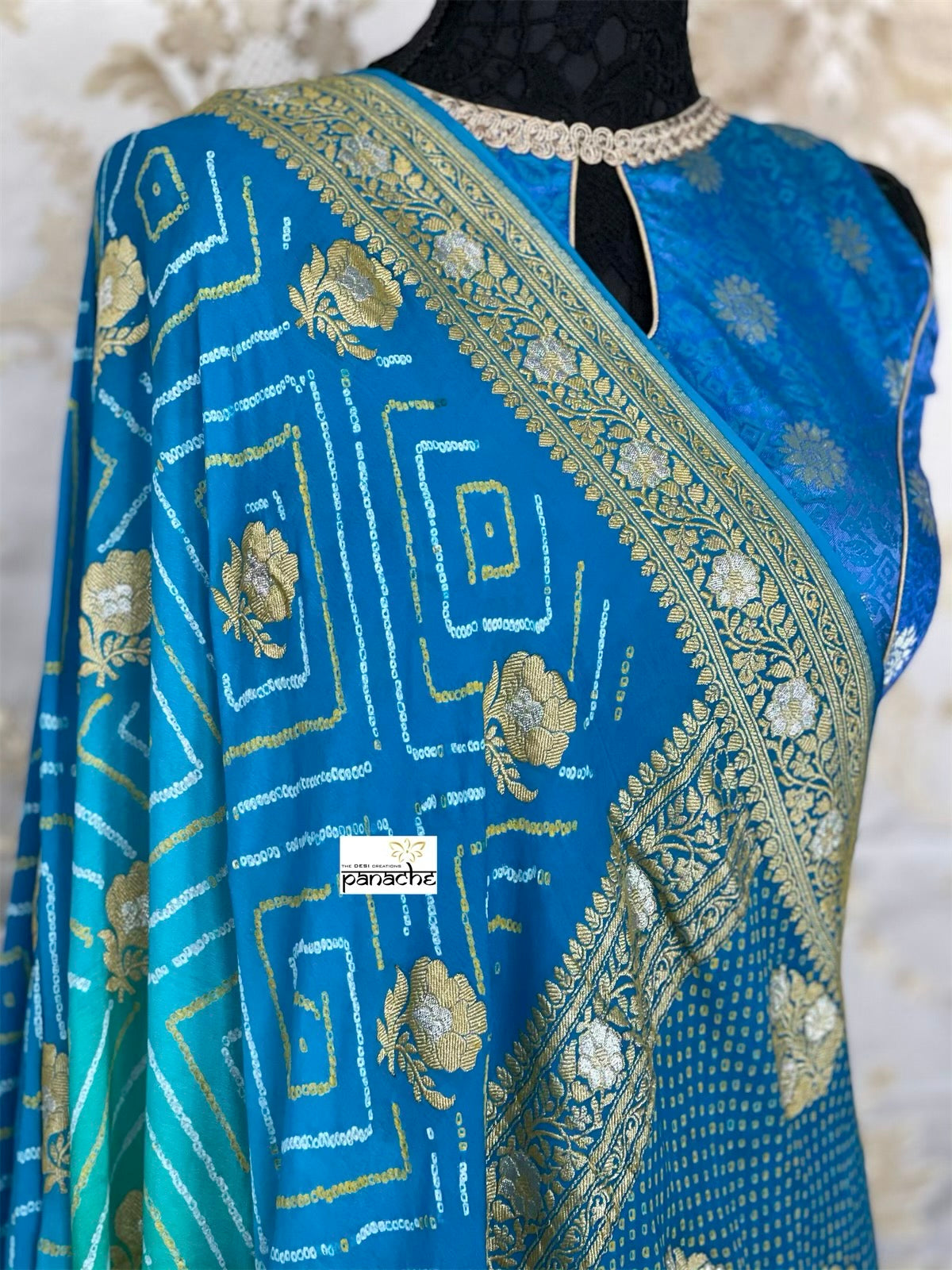Bandhej Khaddi Georgette Banarasi - Firozi Sea Green Kadwa