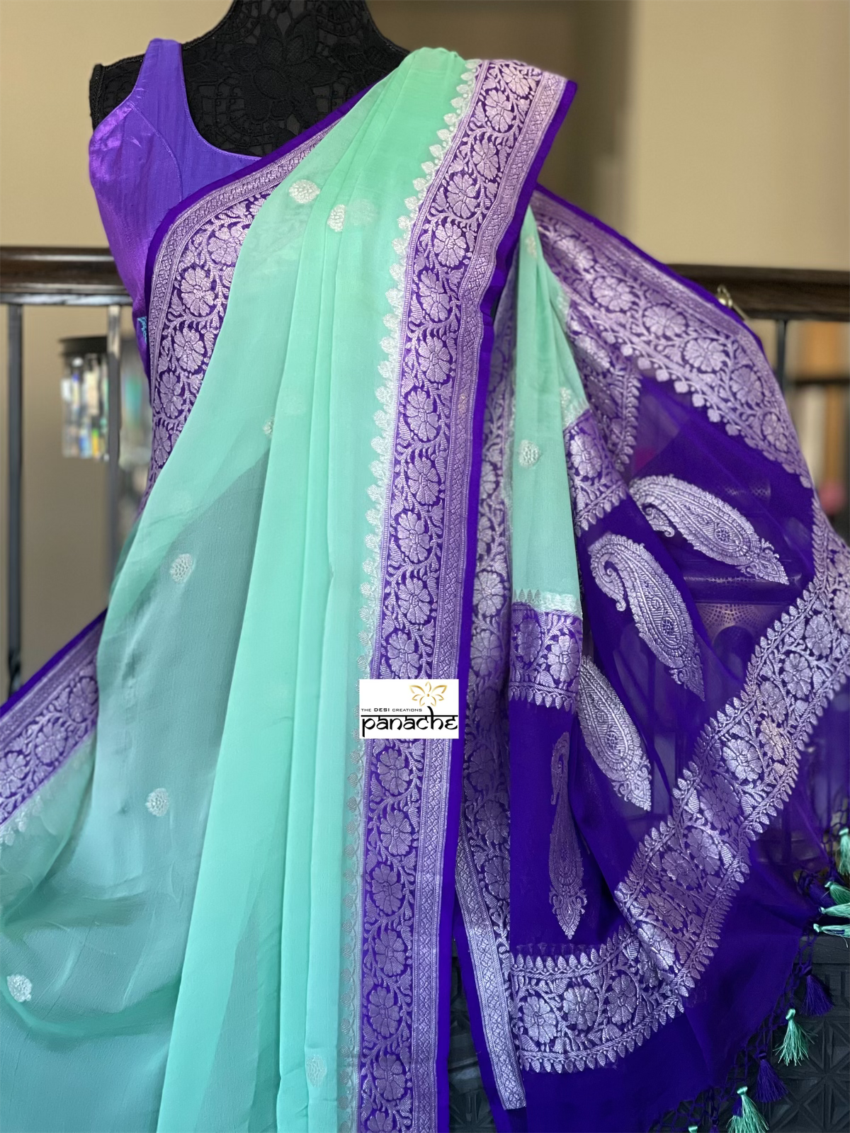 Chiffon Georgette Silk Banarasi - Mint Green Purple Silver Zari