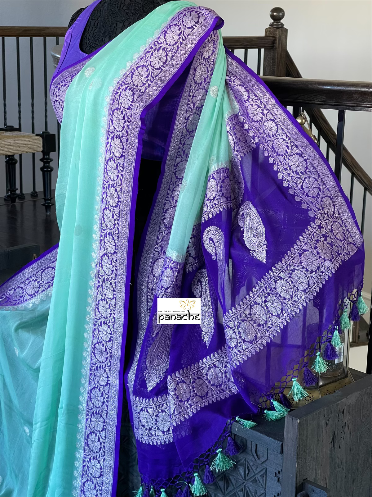 Chiffon Georgette Silk Banarasi - Mint Green Purple Silver Zari