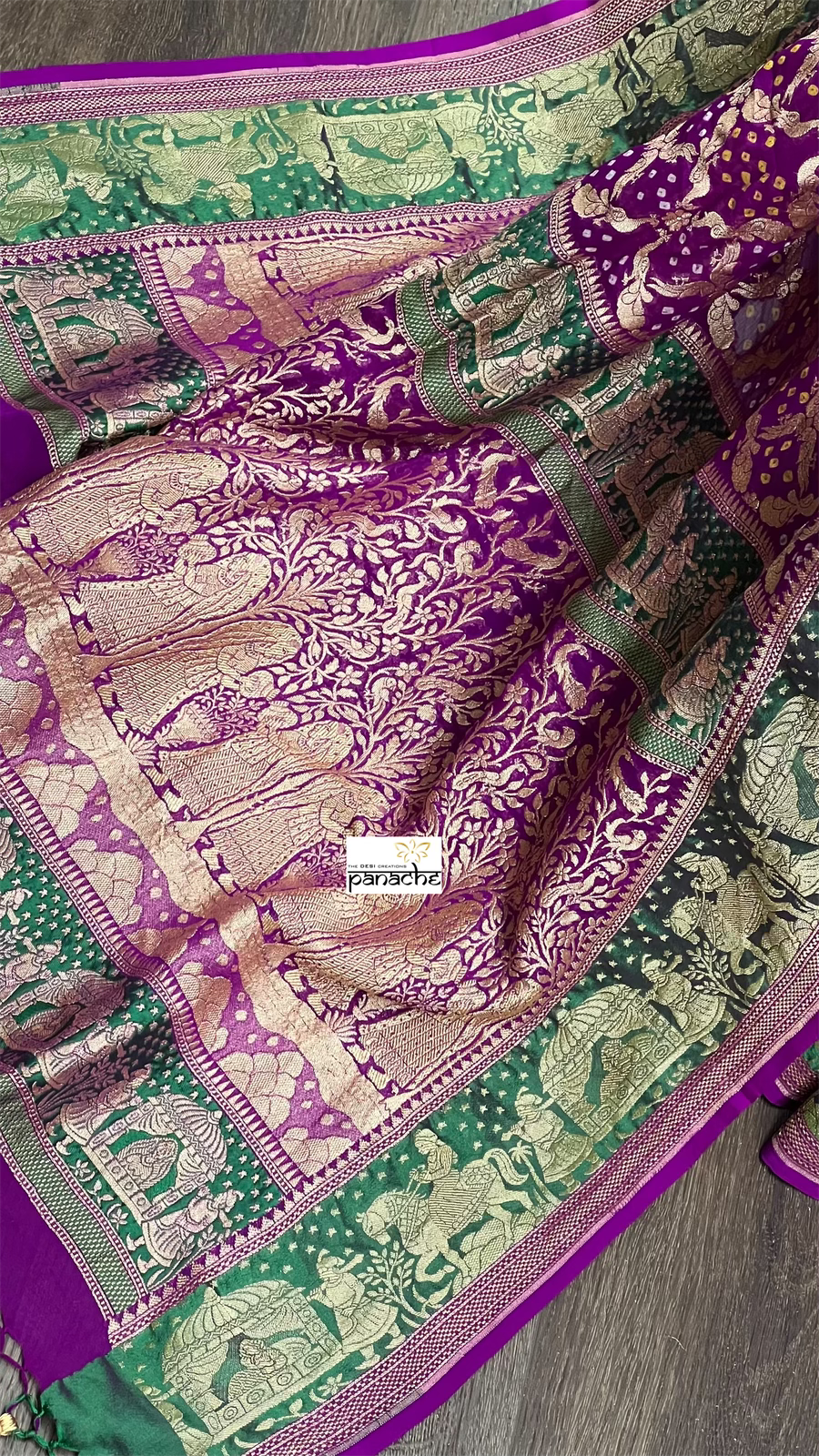 Bandhej Khaddi Georgette Banarasi - Purple Green